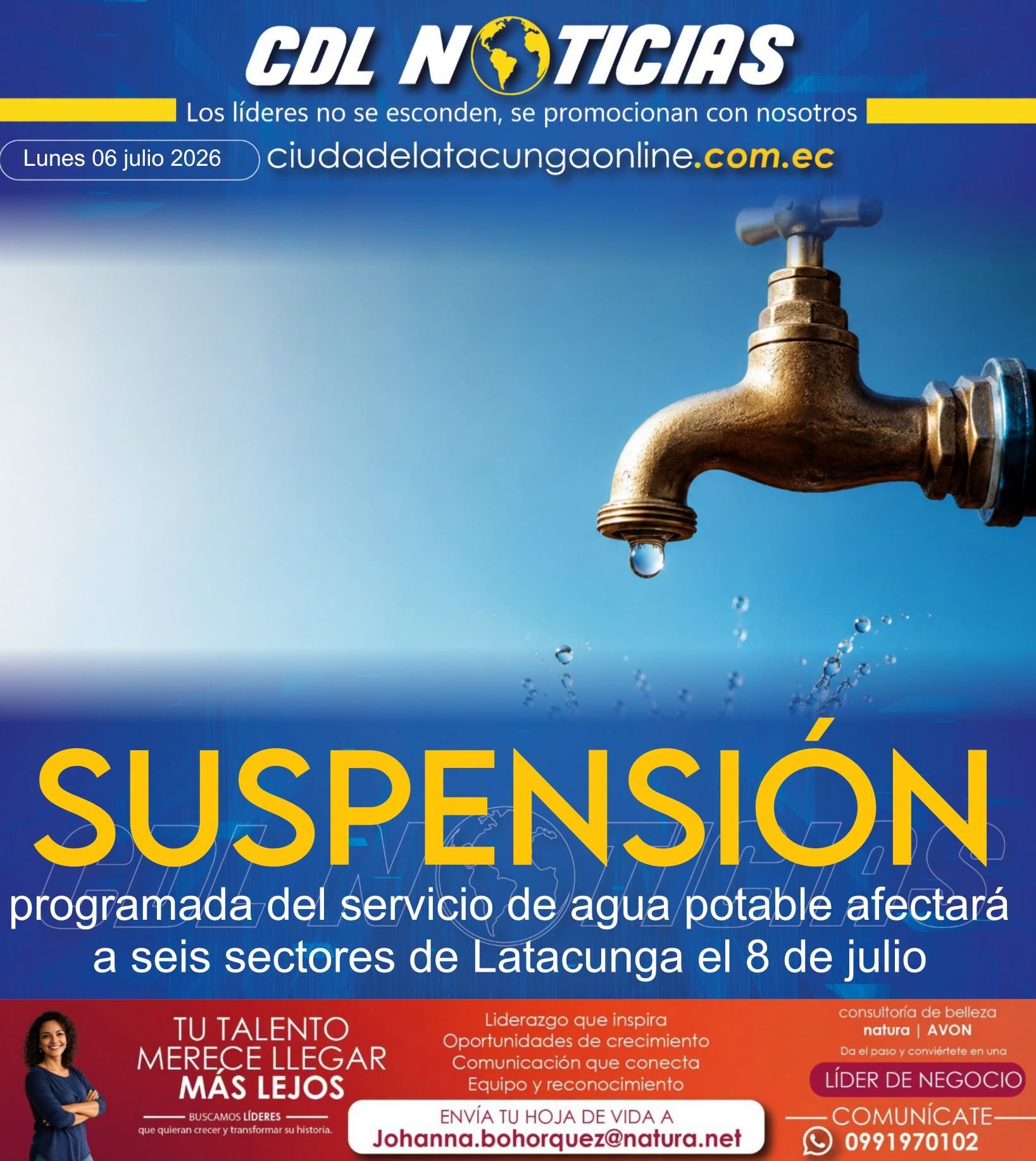 Suspensión programada del servicio de agua potable afectará a seis sectores de Latacunga el 8 de julio