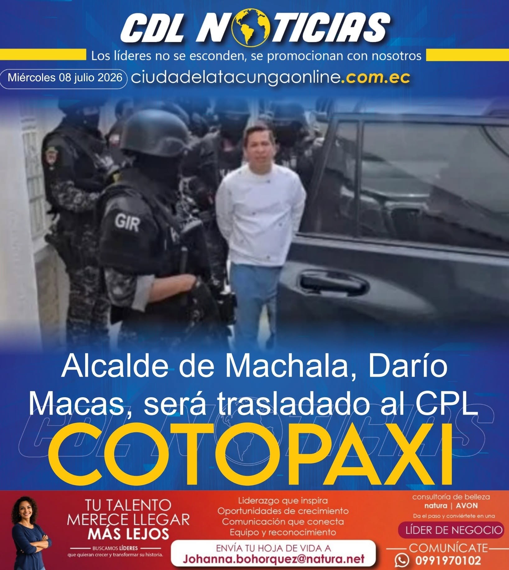 Alcalde de Machala, Darío Macas, será trasladado a la cárcel de Latacunga tras orden de prisión preventiva