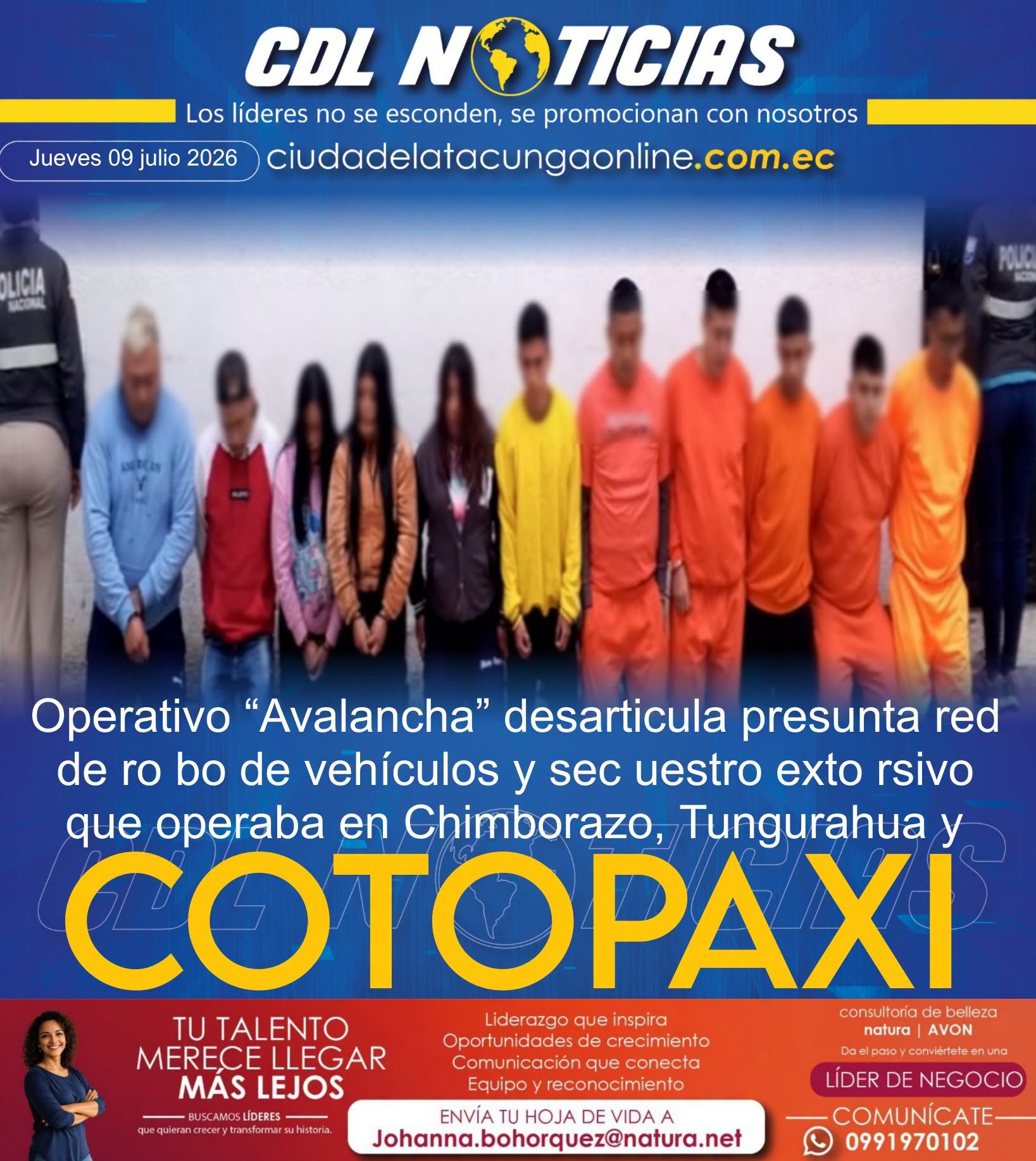 Operativo “Avalancha” desarticula presunta red de robo de vehículos y secuestro extorsivo que operaba en Cotopaxi, Chimborazo y Tungurahua