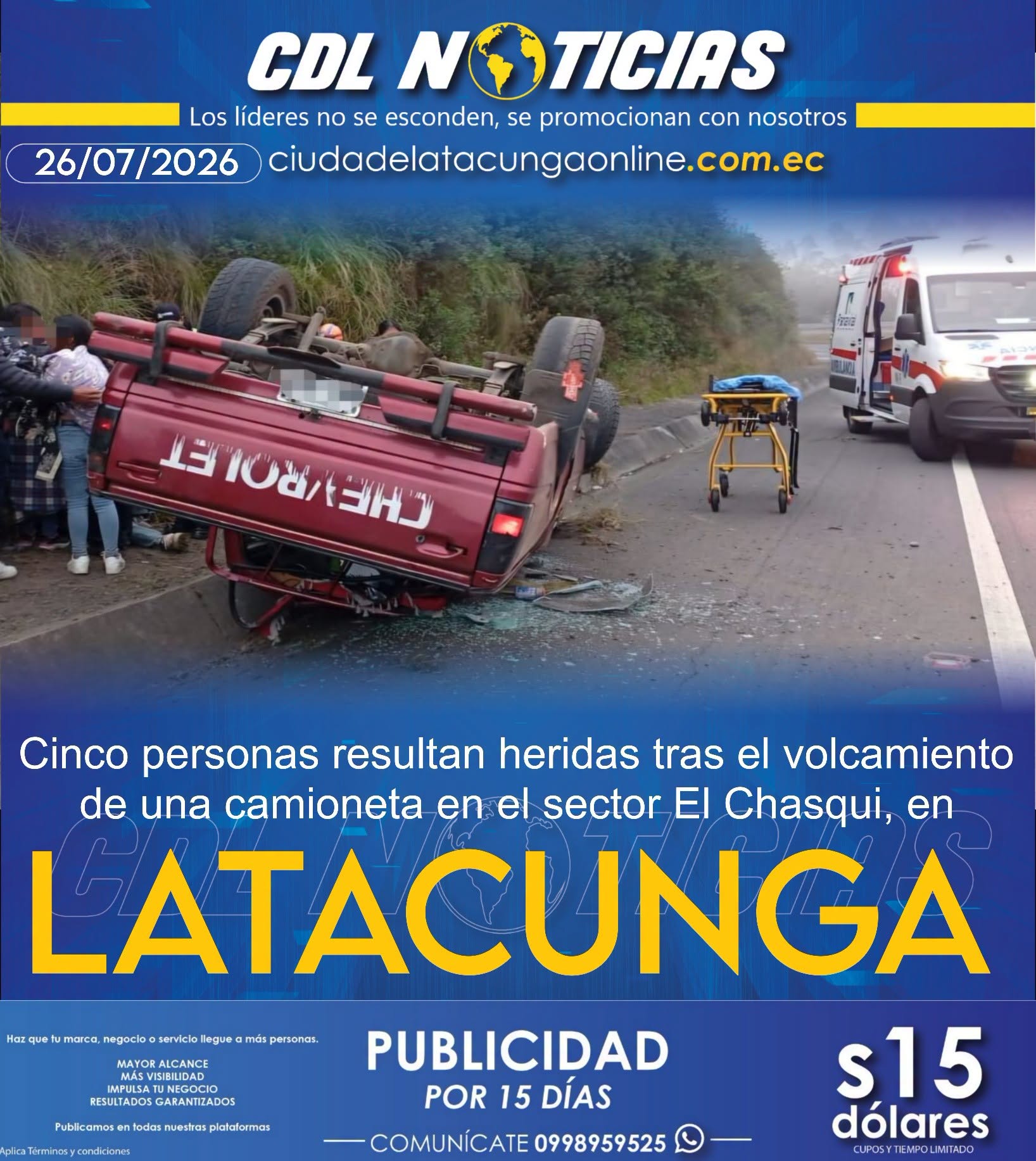Cinco personas resultan heridas tras el volcamiento de una camioneta en el sector El Chasqui, en Latacunga