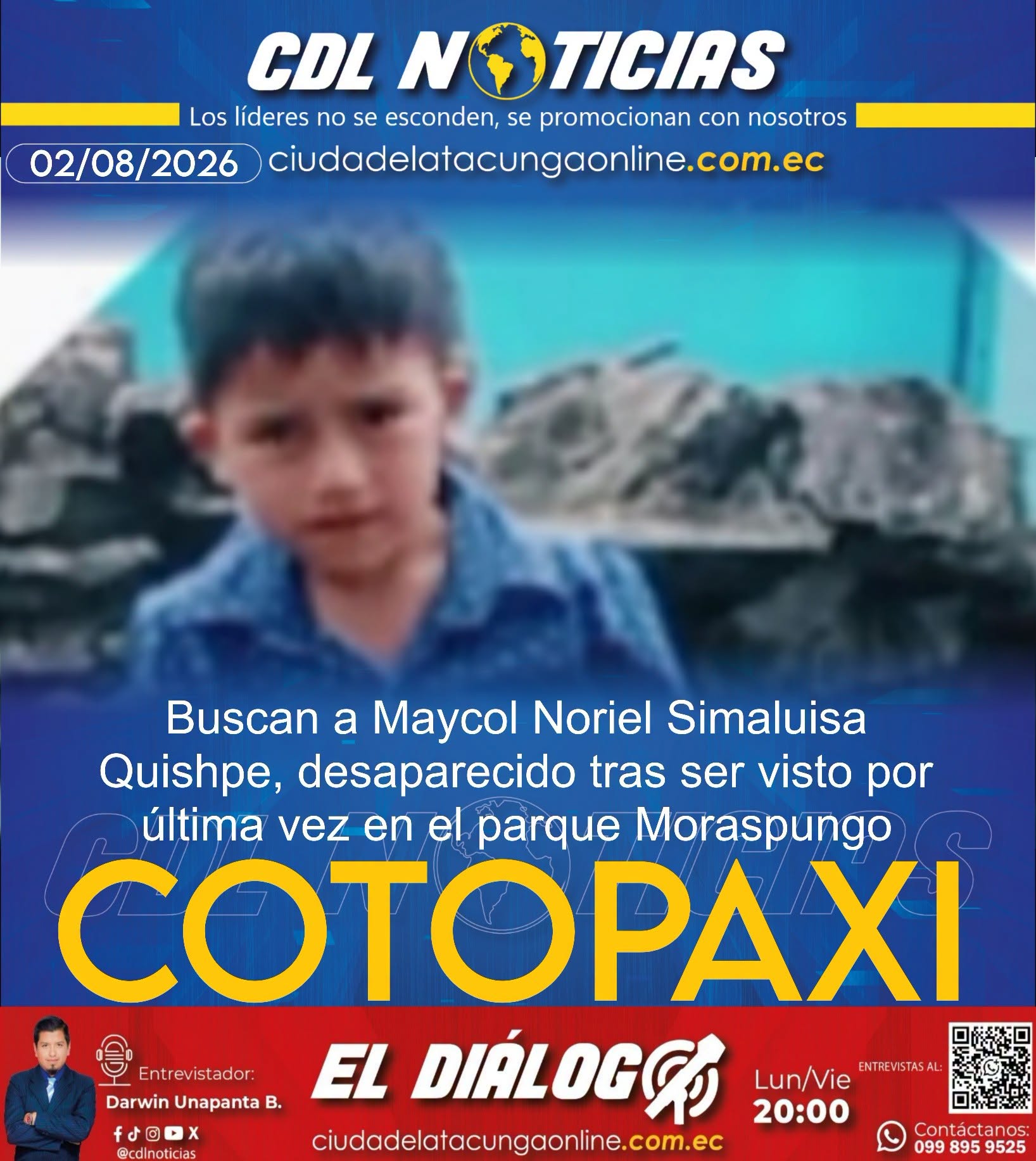 ¡Ayúdanos a encontrarlo!Buscan a Maycol Noriel Simaluisa Quishpe, desaparecido tras ser visto por última vez en el parque Moraspungo