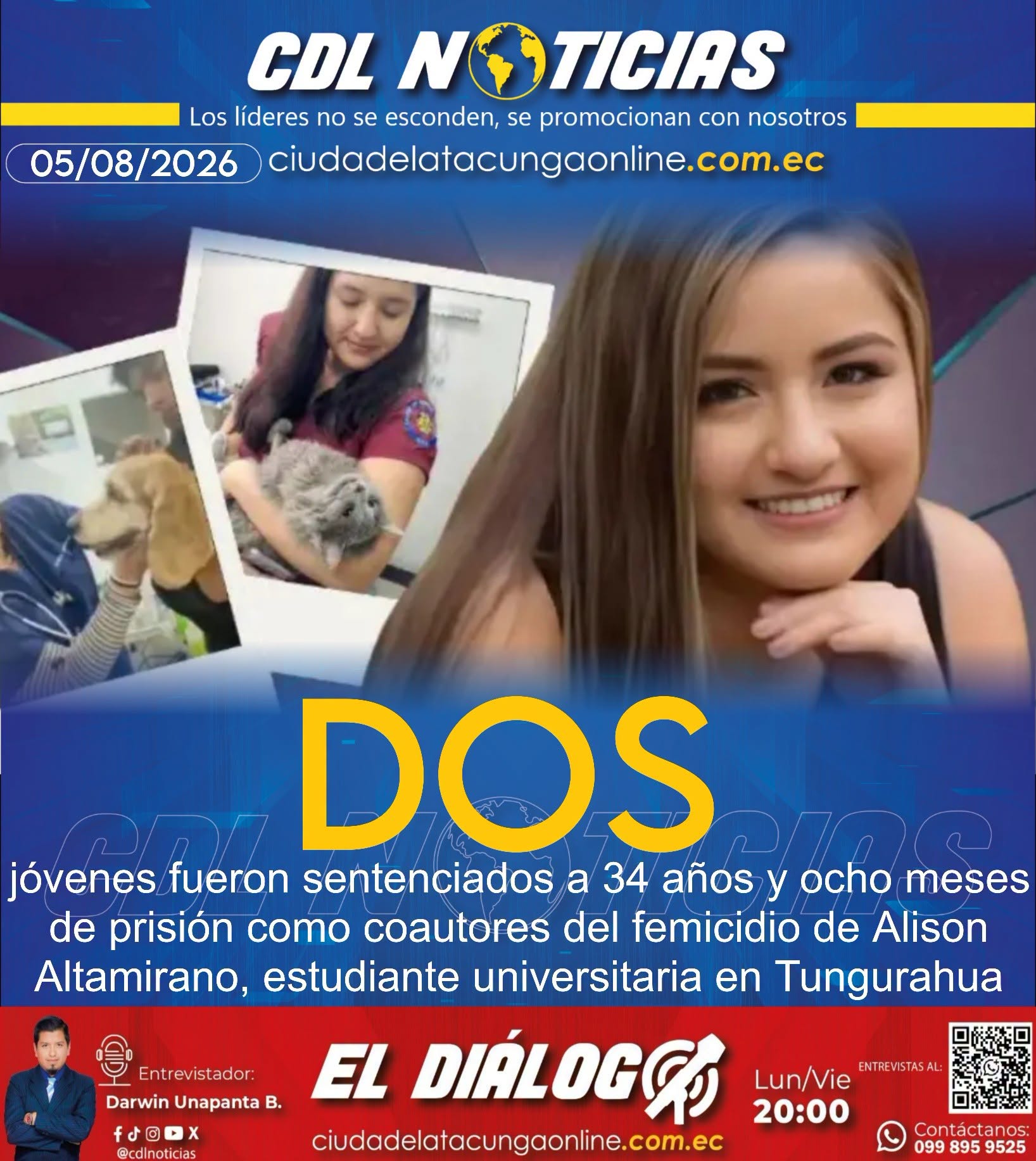 Dos jóvenes fueron sentenciados a 34 años y ocho meses de prisión como coautores del femicidio de Alison Altamirano, estudiante universitaria asesinada en el cantón Cevallos, provincia de Tungurahua.