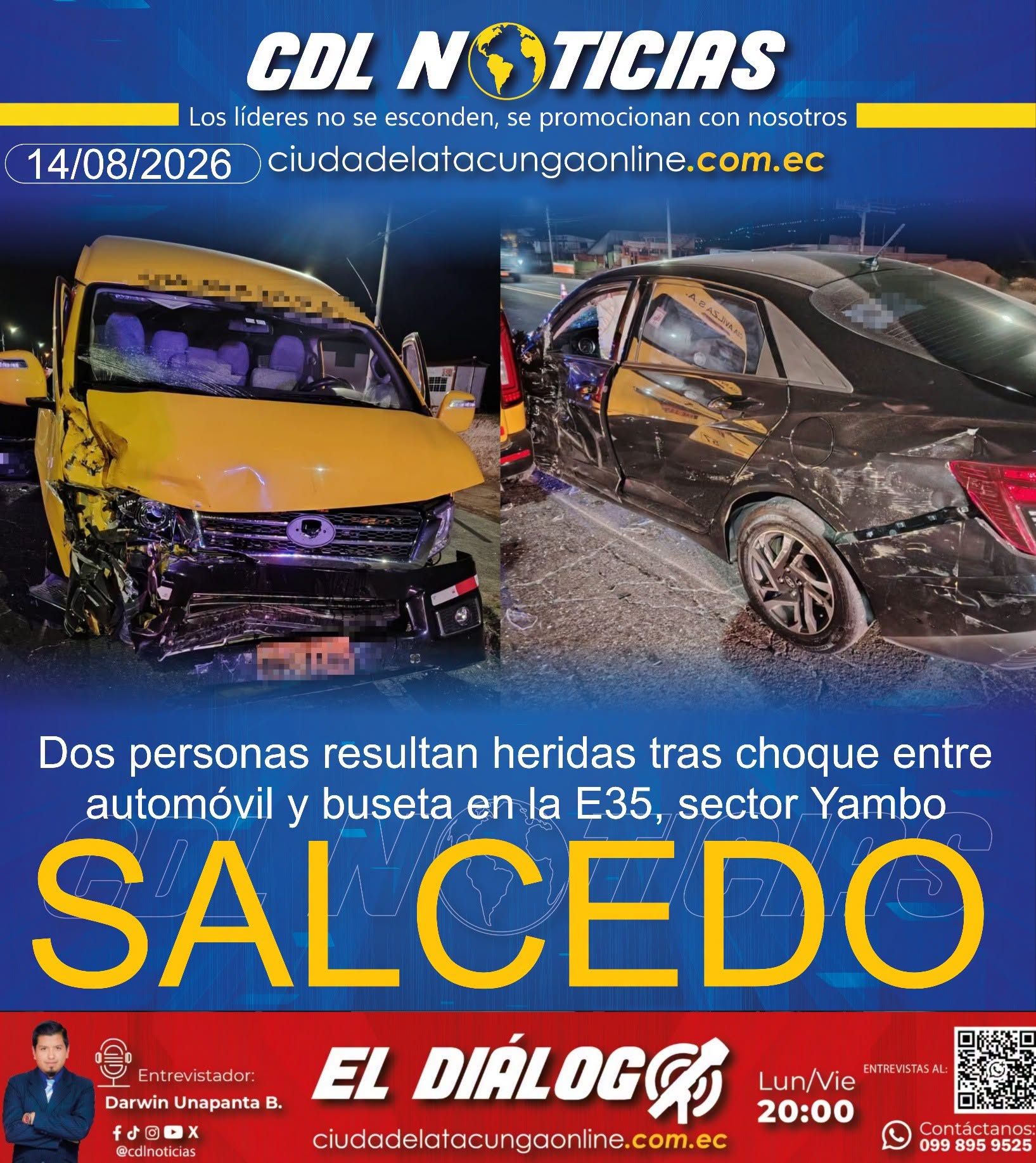 Dos personas resultan heridas tras choque entre automóvil y buseta en la E35, sector Yambo