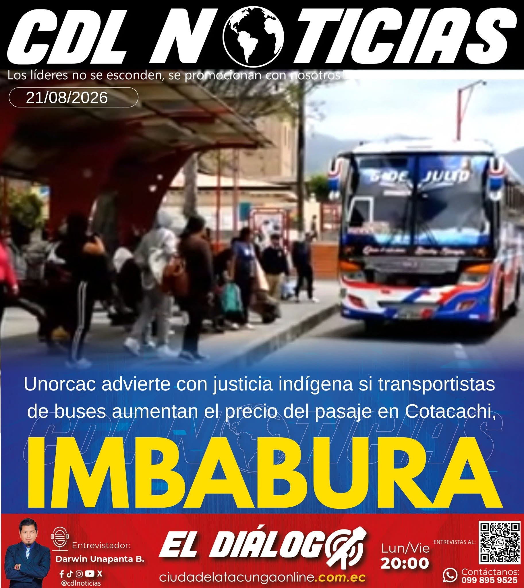 Unorcac advierte con justicia indígena si transportistas de buses aumentan el precio del pasaje en Cotacachi, Imbabura