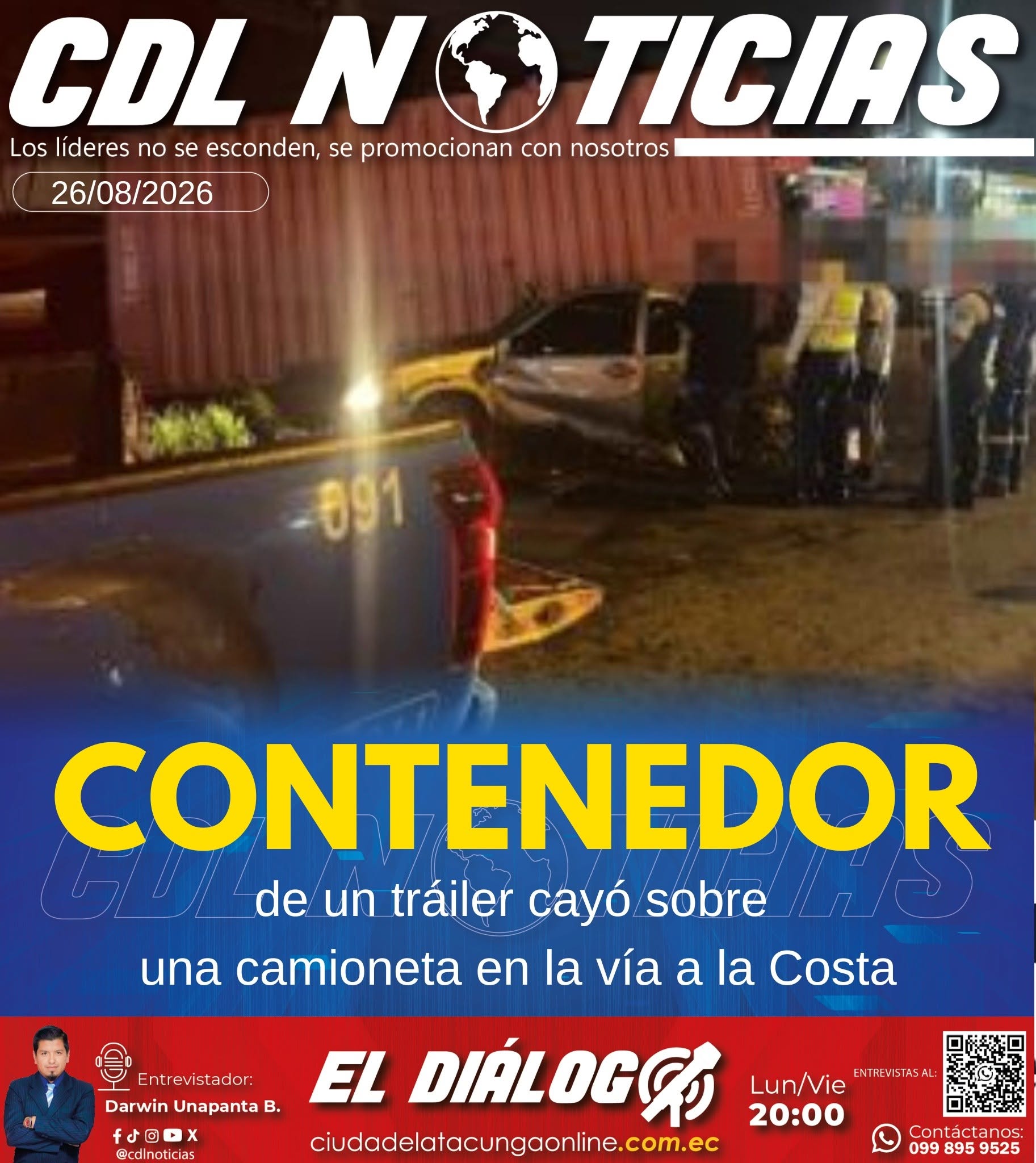 El contenedor de un tráiler cayó sobre una camioneta en la vía a la Costa; una persona quedó atrapada