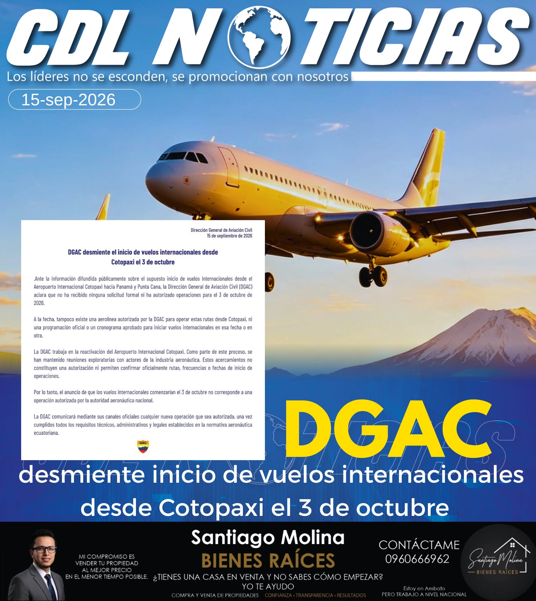 DGAC desmiente inicio de vuelos internacionales desde Cotopaxi el 3 de octubre
